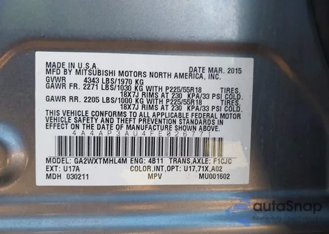 2015 Mitsubishi Outlander Sport Es z USA, uszkodzony, nr VIN 4A4AP3AU4FE026771